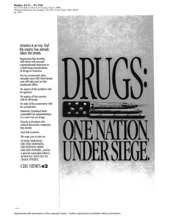 Advertisement for CBS Special on drugs Advertisement for CBS Special on drugs