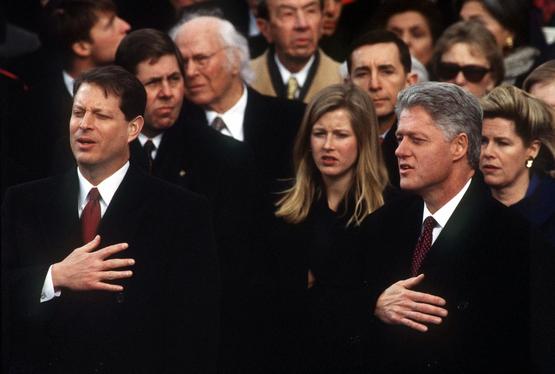 President William J. Clinton and Vice President Al Gore the sing the National Anthem at the 1997 inauguration.