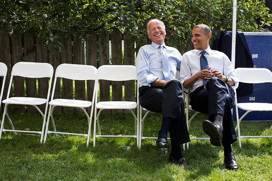 The president and vice president share a laugh before a campaign rally together in Portsmouth, N.H. The president and vice president share a laugh before a campaign rally together in Portsmouth, N.H.